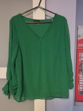 1. STATE Kelly Green Textured V-Neck Blouse with Long Puff Sleeves